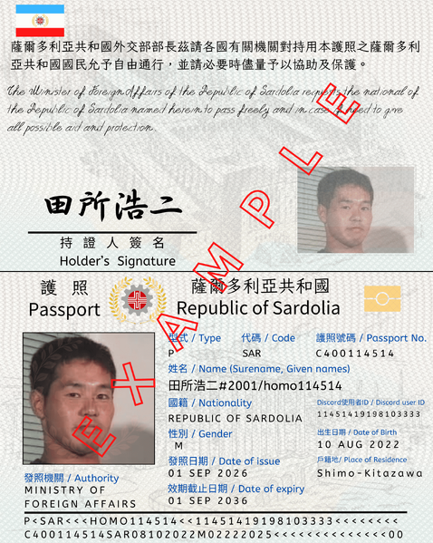 檔案:薩爾多利亞共和國新版普通晶片護照個人資料頁樣本.png